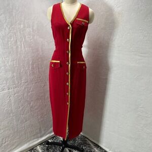 VintageIrrestible By Sue Eng Red Sleeveless Button Front Dress Gold Trim Sailor